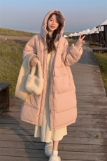 粉色中长款羽绒服女冬2024新款韩版宽松加厚小个子温柔风过膝外套，女装羽绒服，诺蝶