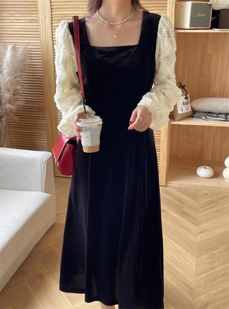 丝绒拼接花边连衣裙美美哒，女装连衣裙，时尚秀衣阁