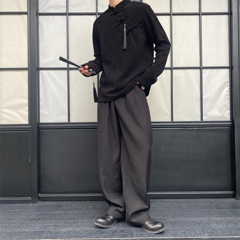 秋冬中式立领盘扣男女套头卫衣复古流苏压襟禅意上衣,男装卫衣,电商A246