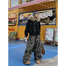 现货重磅boxy短款棉衣座山雕大毛毛领男女棉服水洗工装厚外套，男装棉衣，电商A486