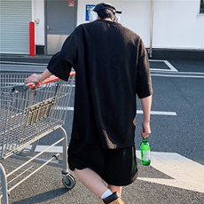 2026夏V领短袖冰丝T恤套装大码男纹理提花半袖TZ5677/特P45黑2，男装休闲套装，电商A094
