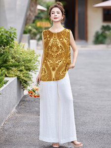 高级感丝绒提花无袖背心衬衫女2025夏新款设计感后背开叉衬衣上衣图片