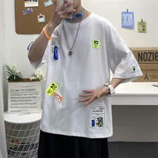 主推款夏季短袖t男潮流港风贴标重磅t恤衫A210-A8363-P35控58图片