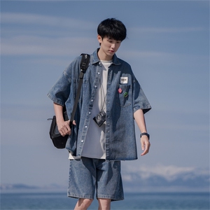 B225-C6070TZ-P130-X168牛仔套装男夏季薄款痞帅宽松工装牛仔衬衫图片