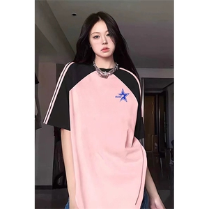 抖音得物品质二开240克宽松纯棉美式潮牌插肩三杠织带短袖T恤图片