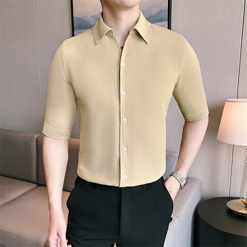 818-P48 华夫格夏季新款男士短袖衬衫潮流时尚短袖潮男衬衣图片
