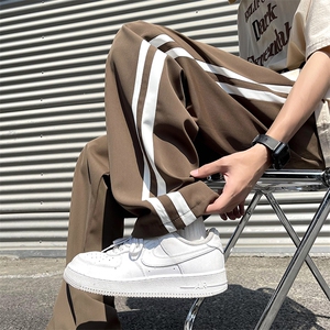 侧边条纹裤子男美式休闲复古宽松百搭直筒运动阔腿裤潮AH929-P40图片