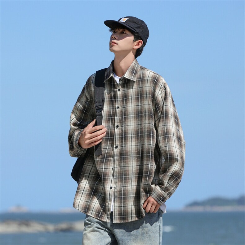 日系cityboy格子长袖衬衫男春秋季美式复古潮流百搭宽松衬衣外套图片