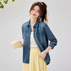 2026春夏新款复古水洗牛仔衬衫女宽松显瘦叠穿长袖衬衣外套休闲，女装衬衫，艾米