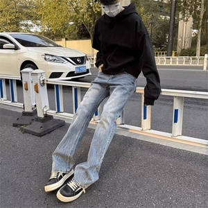 闪电纹牛仔裤男款夏季美式高街cleanfit裤子蓝色修身直筒微辣喇裤图片