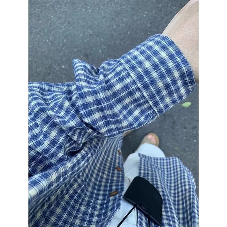 拉夏贝尔蓝色格子防晒衬衫女夏季新款慵懒风衬衣外套宽松显瘦上衣,男装防晒衣,星座1210-1