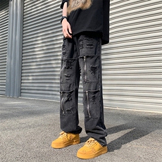 高街重工牛仔裤设计感拉链破洞vibe风潮流直筒裤子男N06038-P50，男装牛仔裤，星座308B-1