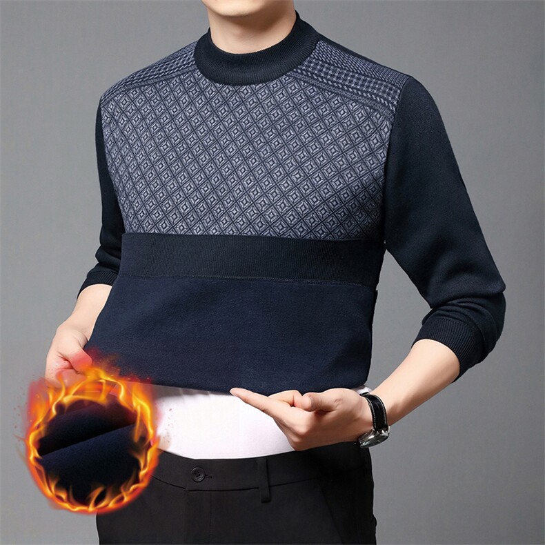 秋冬毛衣男加绒加厚圆领保暖针织衫宽松休闲打底衫中老年男装上衣，男装T恤，钱塘6003（原4033）