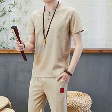 中国风亚麻套装男士夏季佛系棉麻短袖T恤两件套刺绣汉服TZ028-P45，男装T恤，星座509