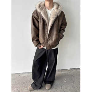 做旧座山雕加厚皮棉服解构磨毛高级感毛领连帽外套 网 B122-P108图片