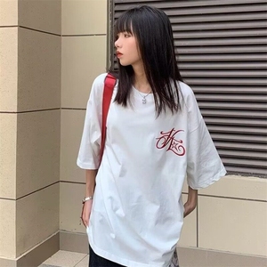 夏季美式高街后背字母印花短袖T恤男女潮牌宽松休闲情侣圆领上衣图片