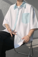 仓库现货CS1120-特批25条纹撞色拼接百搭痞帅大码短袖衬衫，男装衬衫，电商A059