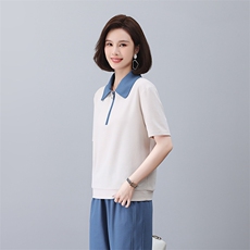 2023年夏季夏季方领拼接短袖薄款T恤上衣，女装T恤，依倍林