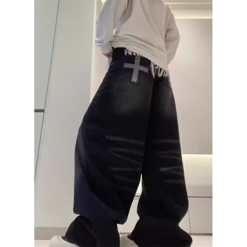 黑色弯刀牛仔裤男秋季新款设计感宽松显瘦垂感阔腿裤NZ133,男装牛仔裤,星座1116A（原606A-3）