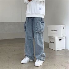 新款牛仔裤男宽松直筒工装阔腿长裤潮牌ins港风老爹长裤子k36-p45图片