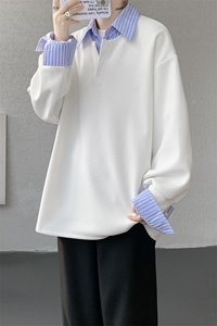M-8XL假两件撞色polo衬衫翻领卫衣亨利领大码长袖上衣WY5117特P45图片