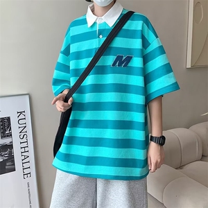 气质2023ins五分袖夏季男青春流行标准新款POLO衫条纹HT96P30图片