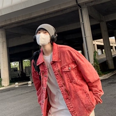 粉色短款牛仔外套男款秋季重磅工装垫肩牛仔夹克M2122-P75，男装夹克，星座1109-3