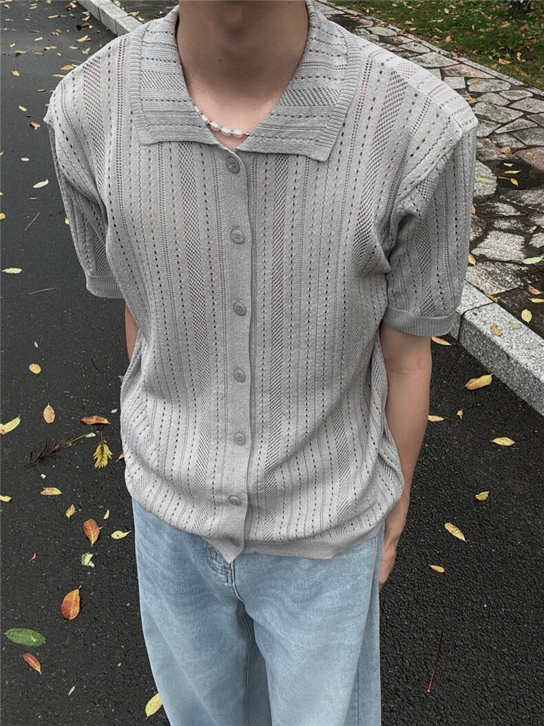 Q27/P48美式禁欲系镂空针织衫短袖男女夏季翻领透气T恤开衫,男装T恤,星座1506