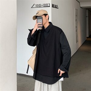 703-C215秋季港风针织拼接假两件衬衫休闲简约长袖