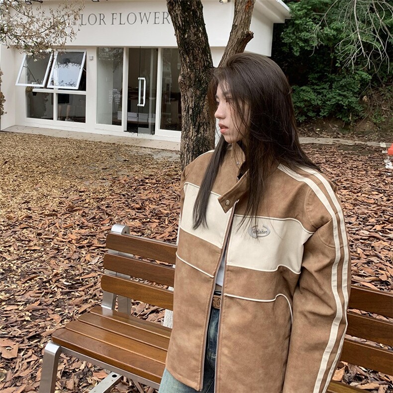 美式机车风复古做旧皮衣外套宽松高级感痞帅撞色立领夹克JK8547，男装夹克，星座516A