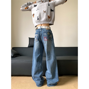 水洗蓝刺绣牛仔裤男美式高街宽松阔腿裤cleanfit复古做旧微喇裤子图片