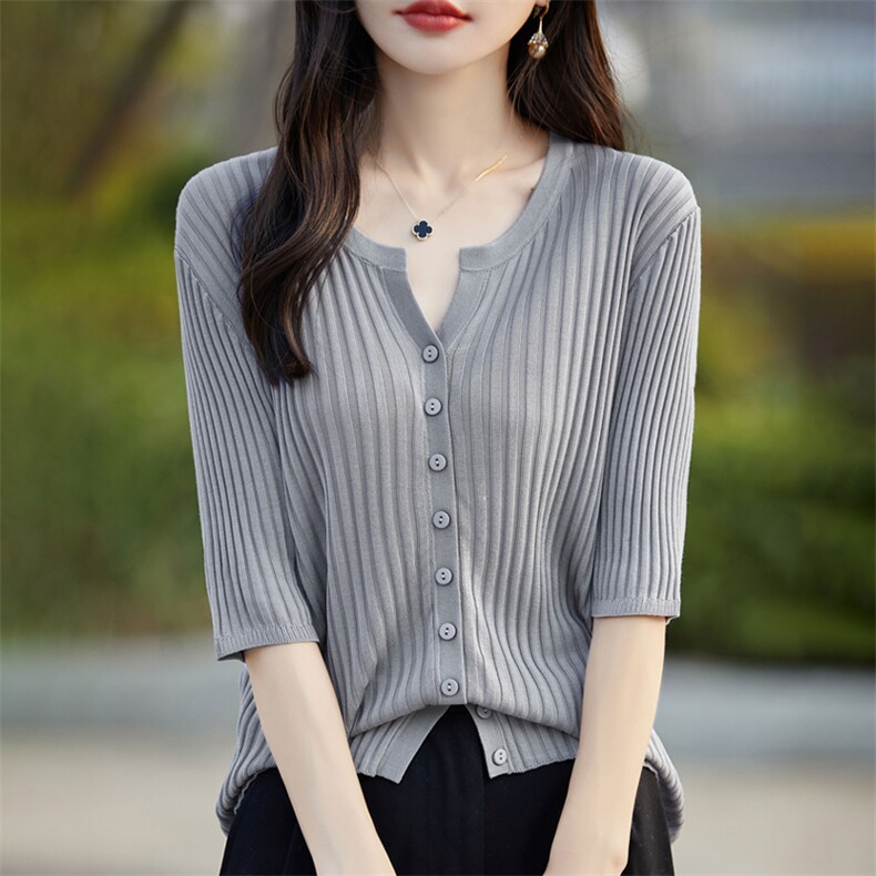 法式新款V领五分袖外搭针织开衫女高级防晒空调罩衫外套冰丝上衣,针织衫/毛衣,暖烁羊绒