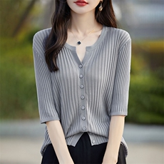 法式新款V领五分袖外搭针织开衫女高级防晒空调罩衫外套冰丝上衣，女装针织衫/毛衣，暖烁羊绒
