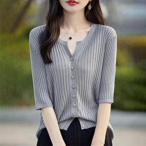 法式新款V领五分袖外搭针织开衫女高级防晒空调罩衫外套冰丝上衣图片
