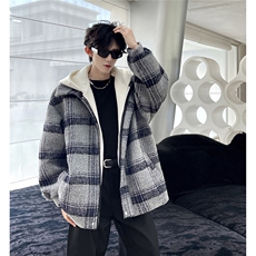 假两件连帽格子毛呢外套男秋冬加厚宽松时尚夹克上衣M896-P135，男装棉衣，电商A170