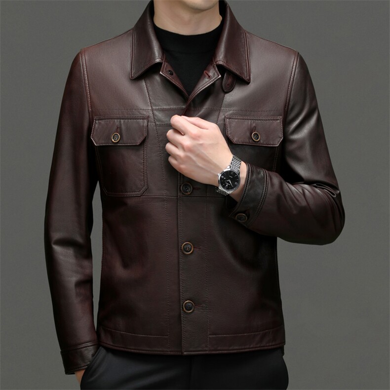 秋冬新款海宁皮衣男牛皮夹克商务休闲男装翻领外套工装P950，男装皮衣，电商B360