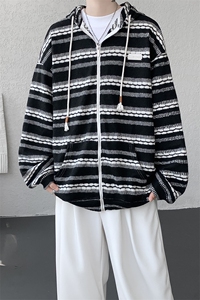 8XL-M 潮情侣美式磨毛编织条纹针织衫卫衣宽松拉链外套WY30P88图片