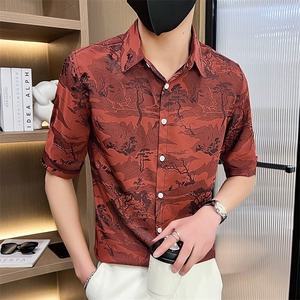 507A-CS535-P48 夏季修身发型师七分袖风印花衬衣中袖衬衫图片