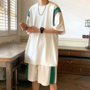 夏季新款情侣大码港风休闲运动五分裤两件套套装男S16P50图片