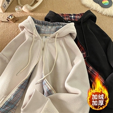 毛毯风摇粒绒格子开衫连帽卫衣宽松加绒冬潮牌外套A436-113-P60，男装卫衣，电商A436