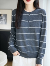 常规款条纹针织开衫女士圆领叠穿长袖针织显瘦休闲打底毛衣小外套，女装针织衫/毛衣，暖绒情旗舰店