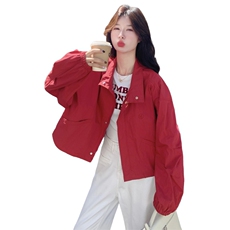 韩系chic休闲减龄复古红色短外套女春秋超火好看宽松工装夹克上衣，女装短外套，2B237