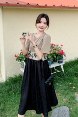 法式碎花拼接假两件套连衣裙女2024夏季新款大码气质收腰显瘦裙子，女装连衣裙，2C029