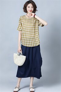 2025年夏季休闲格子潮流舒适时尚蕾丝衫/雪纺衫短袖圆领优雅图片