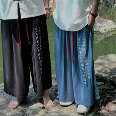 新中式亚麻刺绣垂感七分阔腿男ZK031-P55，男装休闲裤，电商A021
