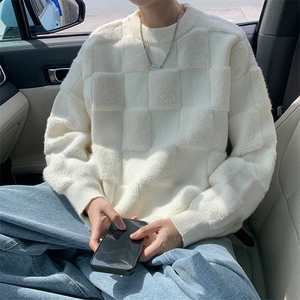 8XL-M特大码美式街头设计感毛巾绣格子毛衣男女情侣MY1204P50控68图片