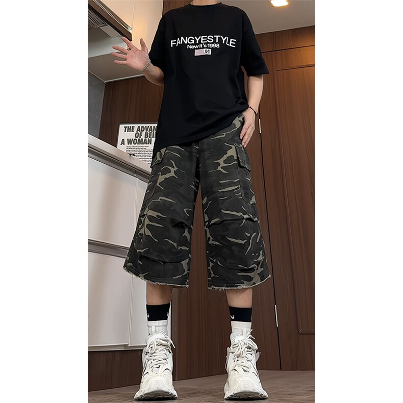 B221美式ins高街宽松直筒七分牛仔裤工装迷彩短裤LK24198-P55控78图片