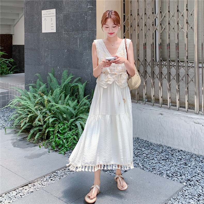 温柔系穿搭重工无袖罩衫套装女夏新款显瘦流苏吊带裙两件套连衣裙,女装连衣裙,2C267
