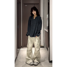 美式高街千鸟格子长袖T恤男女亨利V领英伦雅痞休闲宽松长袖打底衫，男装T恤，电商A443