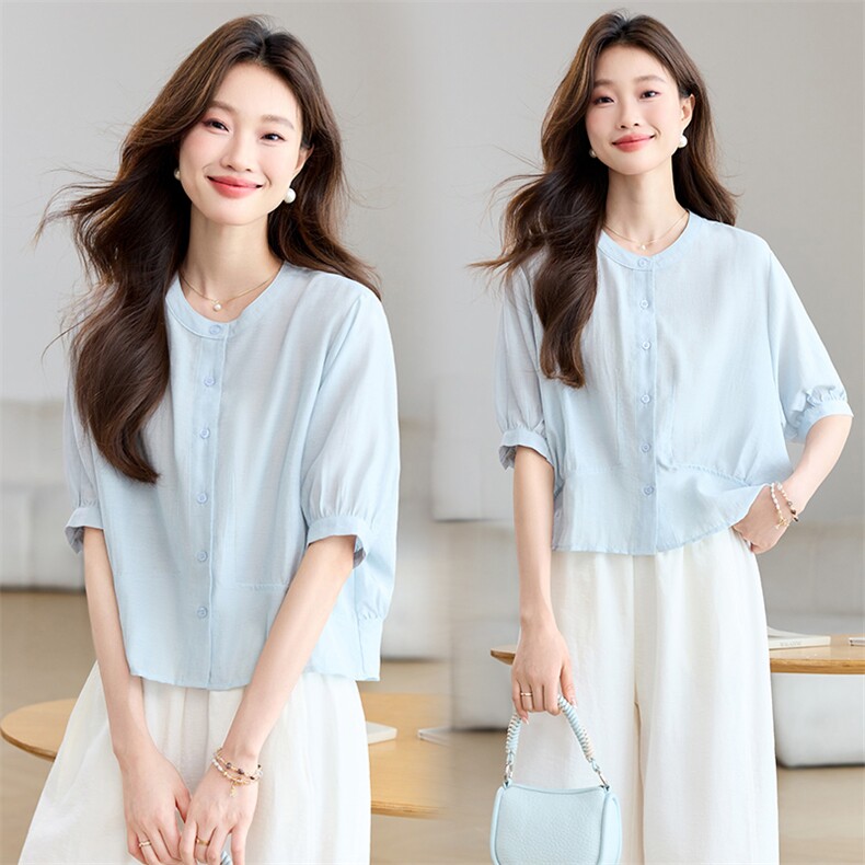 时尚休闲套装女2025夏新款宽松减龄薄款圆领衬衫上衣阔腿裤两件套，女装衬衫，木子恋